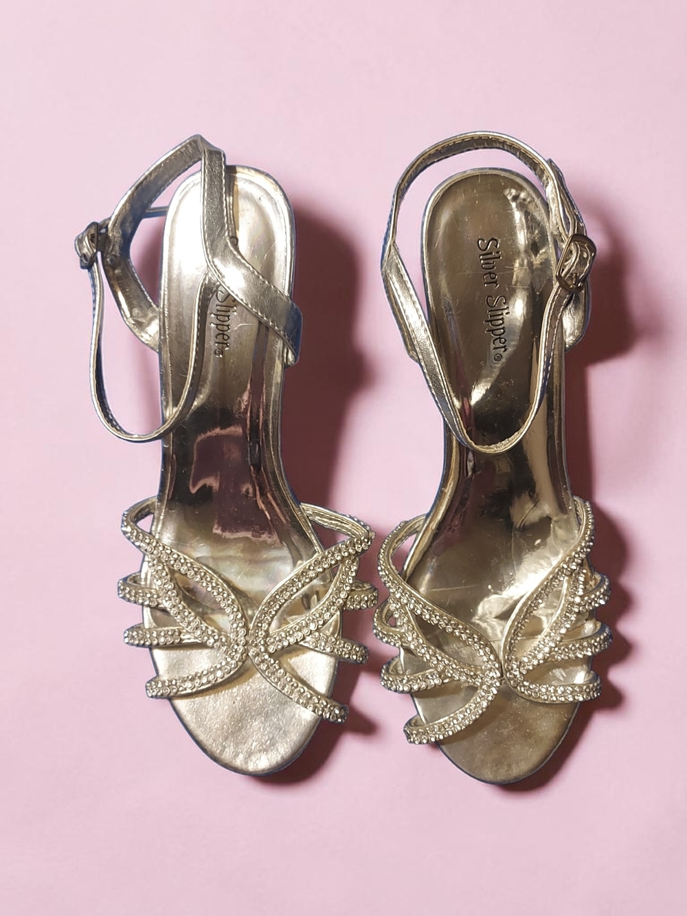 Silver Slipper Stiletto Sandals with Crystal Straps -